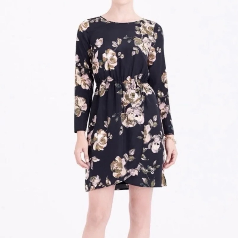 J. Crew Floral Tulip Wrap Hem Faux Wrap Skirt Long Sleeve Dress Size 2
